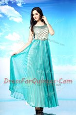 Scoop Sleeveless Chiffon Floor Length Side Zipper Prom Dresses in Turquoise with Pleated