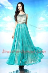 Scoop Sleeveless Chiffon Floor Length Side Zipper Prom Dresses in Turquoise with Pleated