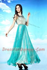 Scoop Sleeveless Chiffon Floor Length Side Zipper Prom Dresses in Turquoise with Pleated