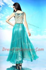 Scoop Sleeveless Chiffon Floor Length Side Zipper Prom Dresses in Turquoise with Pleated