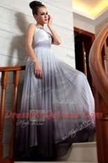 Cute Multi-color Column/Sheath Chiffon V-neck Sleeveless Beading and Appliques and Ruching Floor Length Side Zipper Evening Dress