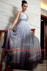 Cute Multi-color Column/Sheath Chiffon V-neck Sleeveless Beading and Appliques and Ruching Floor Length Side Zipper Evening Dress