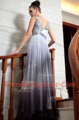 Cute Multi-color Column/Sheath Chiffon V-neck Sleeveless Beading and Appliques and Ruching Floor Length Side Zipper Evening Dress