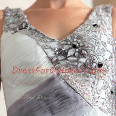 Cute Multi-color Column/Sheath Chiffon V-neck Sleeveless Beading and Appliques and Ruching Floor Length Side Zipper Evening Dress