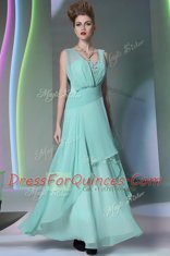 Turquoise Empire Square Sleeveless Chiffon Floor Length Side Zipper Sequins and Ruching Prom Dress