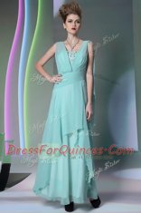 Turquoise Empire Square Sleeveless Chiffon Floor Length Side Zipper Sequins and Ruching Prom Dress
