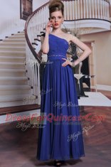 One Shoulder Beading and Pleated Prom Gown Royal Blue Side Zipper Sleeveless Floor Length