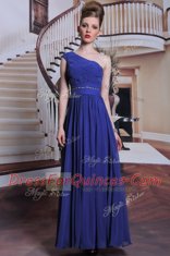 One Shoulder Beading and Pleated Prom Gown Royal Blue Side Zipper Sleeveless Floor Length