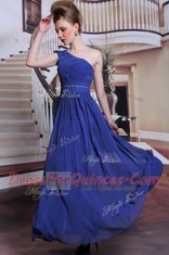 One Shoulder Beading and Pleated Prom Gown Royal Blue Side Zipper Sleeveless Floor Length