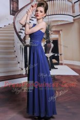 One Shoulder Beading and Pleated Prom Gown Royal Blue Side Zipper Sleeveless Floor Length