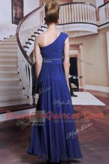 One Shoulder Beading and Pleated Prom Gown Royal Blue Side Zipper Sleeveless Floor Length