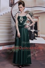 Affordable Floor Length Teal Prom Dresses Chiffon Sleeveless Embroidery