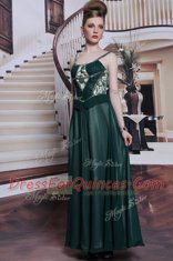 Affordable Floor Length Teal Prom Dresses Chiffon Sleeveless Embroidery