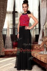 Red And Black Scoop Side Zipper Ruching and Hand Made Flower Evening Dress Sleeveless