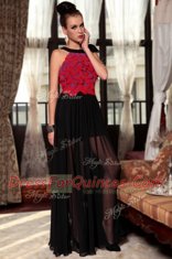Red And Black Scoop Side Zipper Ruching and Hand Made Flower Evening Dress Sleeveless