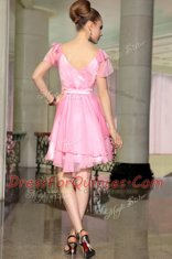 Hot Sale Mini Length Side Zipper Evening Dress Rose Pink for Prom and Party with Belt
