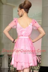 Hot Sale Mini Length Side Zipper Evening Dress Rose Pink for Prom and Party with Belt