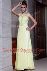 Light Yellow Prom Party Dress Prom and Party and For with Beading and Hand Made Flower Scoop Cap Sleeves Zipper