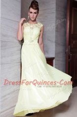 Light Yellow Prom Party Dress Prom and Party and For with Beading and Hand Made Flower Scoop Cap Sleeves Zipper