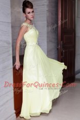 Light Yellow Prom Party Dress Prom and Party and For with Beading and Hand Made Flower Scoop Cap Sleeves Zipper
