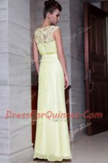 Light Yellow Prom Party Dress Prom and Party and For with Beading and Hand Made Flower Scoop Cap Sleeves Zipper