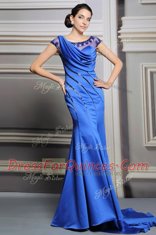 Eye-catching Blue Empire Satin Scoop Sleeveless Beading Zipper Prom Gown Court Train