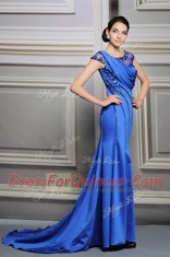 Eye-catching Blue Empire Satin Scoop Sleeveless Beading Zipper Prom Gown Court Train