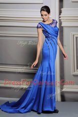 Eye-catching Blue Empire Satin Scoop Sleeveless Beading Zipper Prom Gown Court Train
