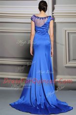 Eye-catching Blue Empire Satin Scoop Sleeveless Beading Zipper Prom Gown Court Train