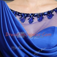 Eye-catching Blue Empire Satin Scoop Sleeveless Beading Zipper Prom Gown Court Train