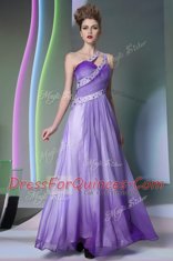 Luxurious One Shoulder Lavender Side Zipper Dress for Prom Beading and Ruching Sleeveless Floor Length
