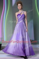 Luxurious One Shoulder Lavender Side Zipper Dress for Prom Beading and Ruching Sleeveless Floor Length