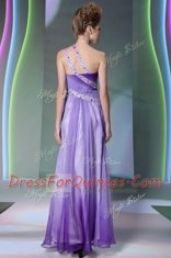 Luxurious One Shoulder Lavender Side Zipper Dress for Prom Beading and Ruching Sleeveless Floor Length