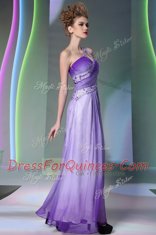 Luxurious One Shoulder Lavender Side Zipper Dress for Prom Beading and Ruching Sleeveless Floor Length