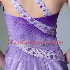 Luxurious One Shoulder Lavender Side Zipper Dress for Prom Beading and Ruching Sleeveless Floor Length
