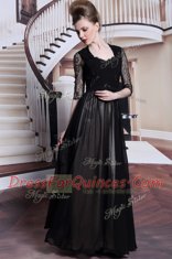 Stunning Black Chiffon Zipper V-neck Half Sleeves Floor Length Lace and Pleated