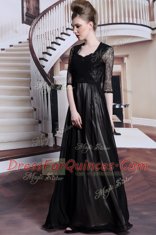 Stunning Black Chiffon Zipper V-neck Half Sleeves Floor Length Lace and Pleated