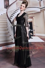 Stunning Black Chiffon Zipper V-neck Half Sleeves Floor Length Lace and Pleated