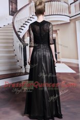 Stunning Black Chiffon Zipper V-neck Half Sleeves Floor Length Lace and Pleated