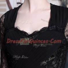 Stunning Black Chiffon Zipper V-neck Half Sleeves Floor Length Lace and Pleated
