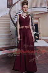 Dazzling Burgundy Column/Sheath Beading and Ruching Dress for Prom Zipper Chiffon Sleeveless Floor Length