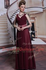 Dazzling Burgundy Column/Sheath Beading and Ruching Dress for Prom Zipper Chiffon Sleeveless Floor Length