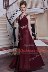 Dazzling Burgundy Column/Sheath Beading and Ruching Dress for Prom Zipper Chiffon Sleeveless Floor Length
