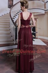 Dazzling Burgundy Column/Sheath Beading and Ruching Dress for Prom Zipper Chiffon Sleeveless Floor Length