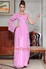 Designer Lilac Side Zipper Dress for Prom Beading and Ruching and Pattern Long Sleeves Ankle Length