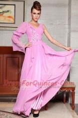 Designer Lilac Side Zipper Dress for Prom Beading and Ruching and Pattern Long Sleeves Ankle Length