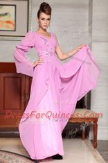 Designer Lilac Side Zipper Dress for Prom Beading and Ruching and Pattern Long Sleeves Ankle Length