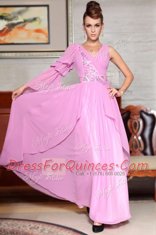 Designer Lilac Side Zipper Dress for Prom Beading and Ruching and Pattern Long Sleeves Ankle Length