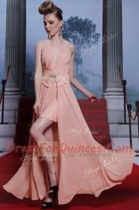 Classical Pink Sleeveless Floor Length Beading and Appliques Clasp Handle Evening Dress