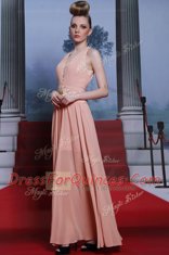 Classical Pink Sleeveless Floor Length Beading and Appliques Clasp Handle Evening Dress